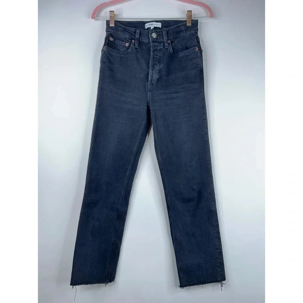 Re/done 70s High Rise Stove Pipe Jeans Faded Black 85 Frayed Hem Size 24